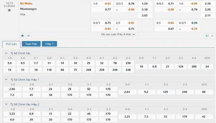 Tỷ lệ kèo Wales vs Montenegro