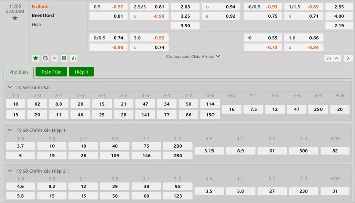 Tỷ lệ kèo Fulham vs Brentford