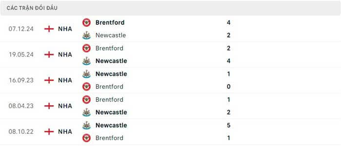 Lịch sử thi đấu của Newcastle vs Brentford